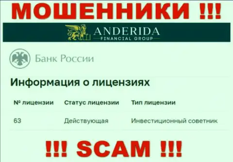 АндеридаГруп Ком уверяют, что имеют лицензионный документ от ЦБ РФ (данные с сайта мошенников)