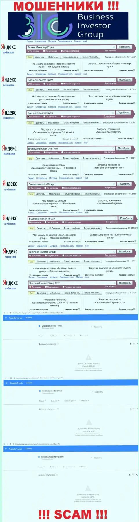 Детальный анализ суммарного числа online запросов в поисковиках сети Интернет по ворюгам BusinessInvestorGroup